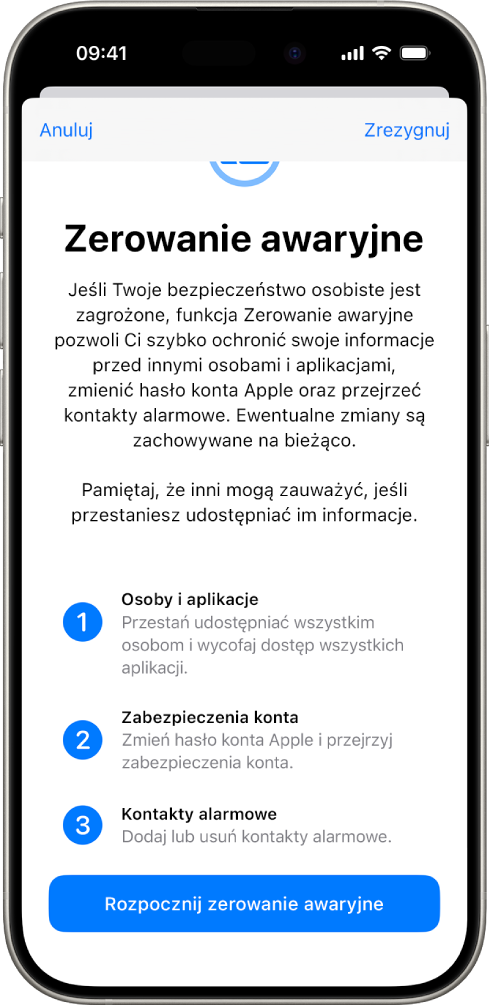 Ekran pokazujący przycisk Zerowanie awaryjne.