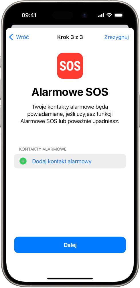 Ekran iPhone’a wyświetlający ekran Alarmowe SOS.