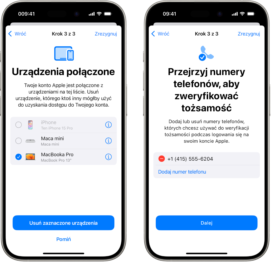 Dwa ekrany iPhone’a przedstawiające (1) zaznaczone urządzenie do usunięcia z zaufanych urządzeń, (2) ekran do edycji zaufanych numerów telefonów.