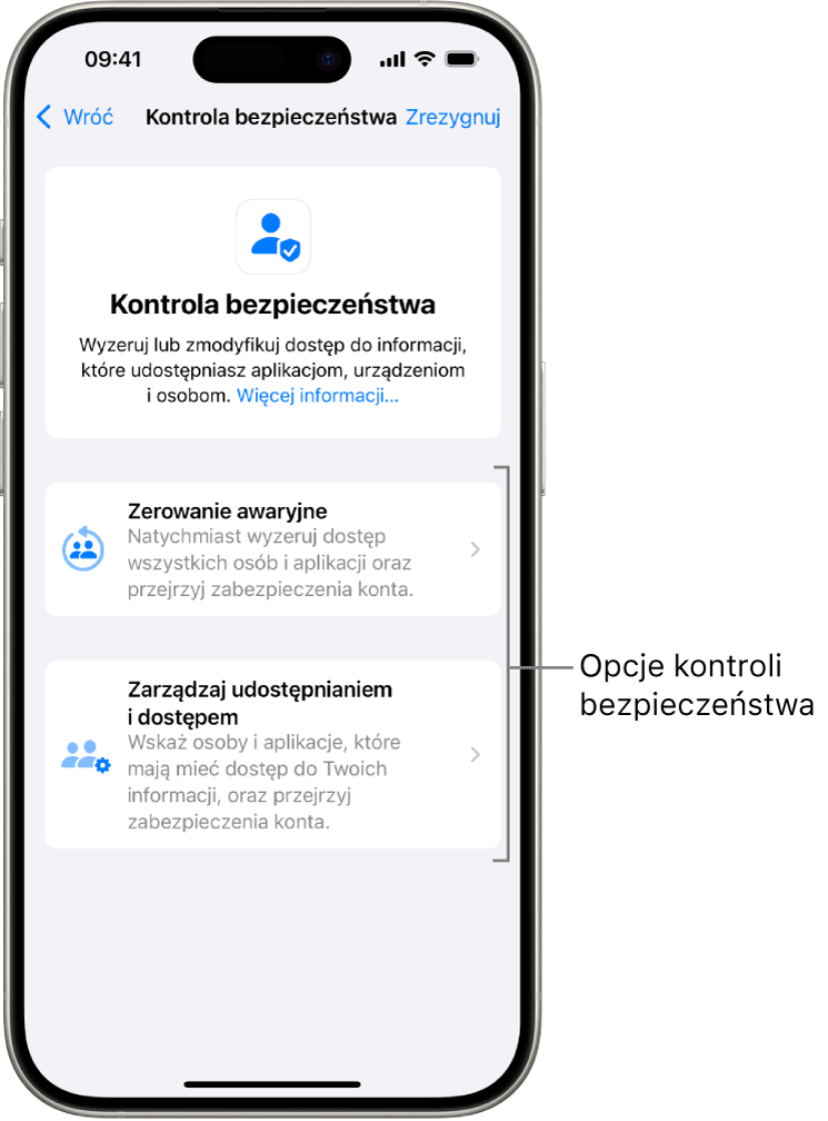 Ekran ilustrujący dwie opcje dostępne w funkcji Kontrola bezpieczeństwa: Zerowanie awaryjne oraz Zarządzaj udostępnianiem i dostępem.