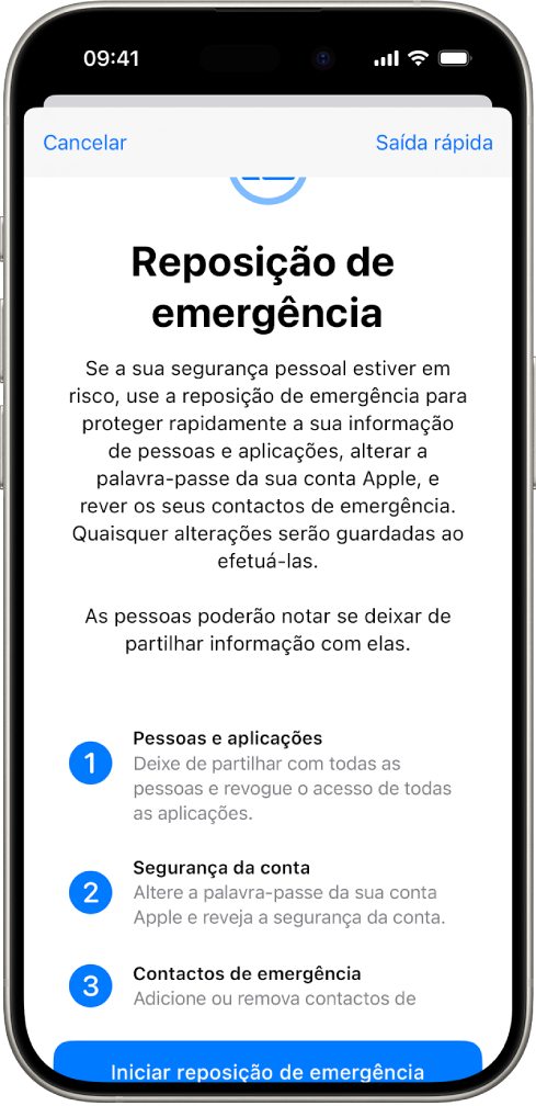 Um ecrã mostra o botão para iniciar a Reposição de emergência.