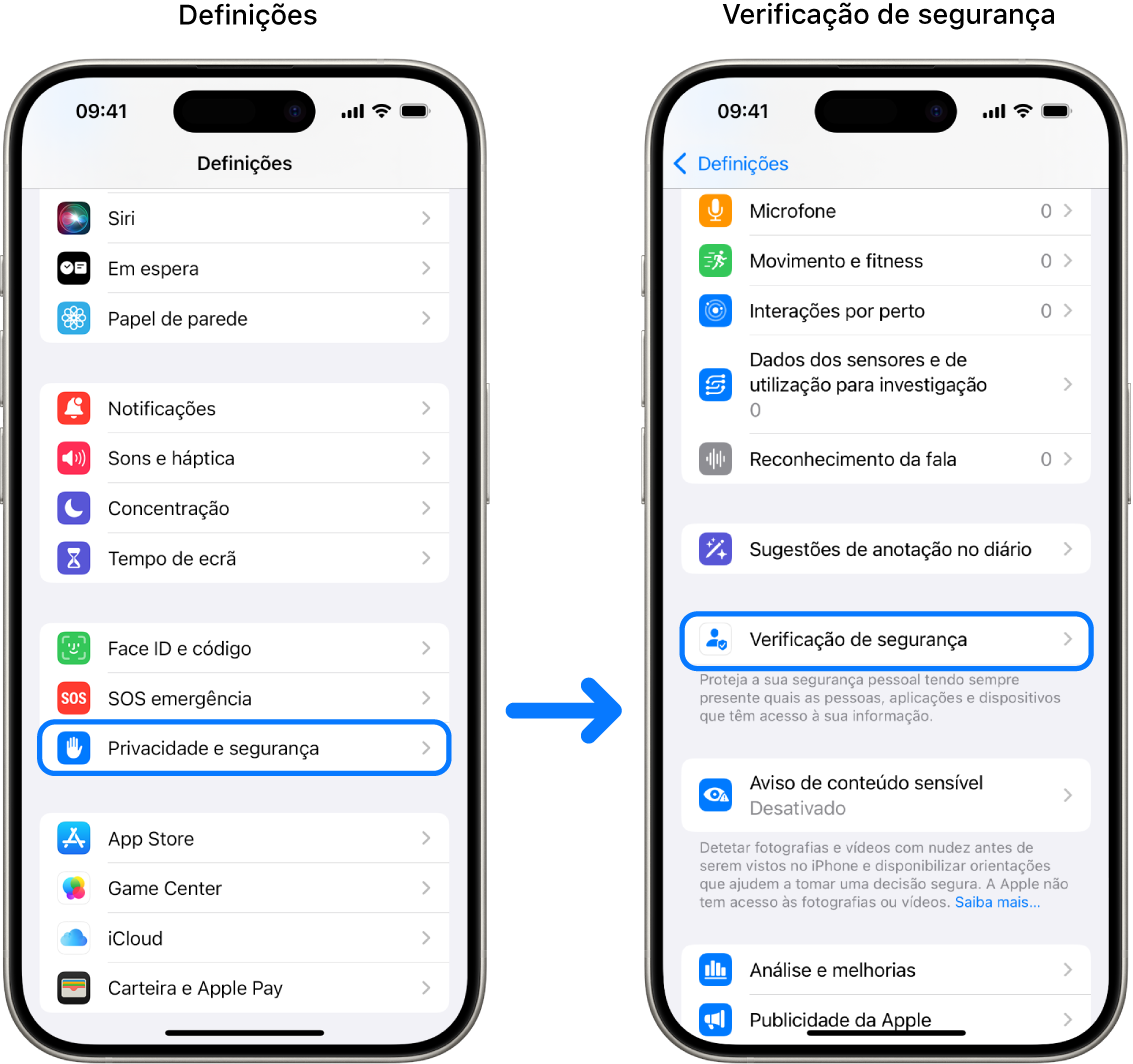 A forma de aceder à Verificação de segurança a partir da aplicação Definições.