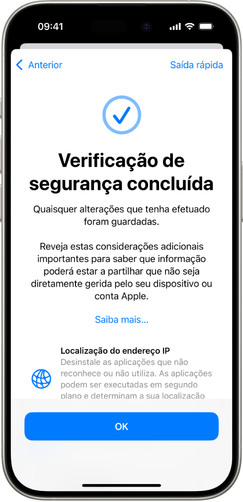 Um ecrã de Verificação de segurança mostra que a Verificação de segurança está concluída.