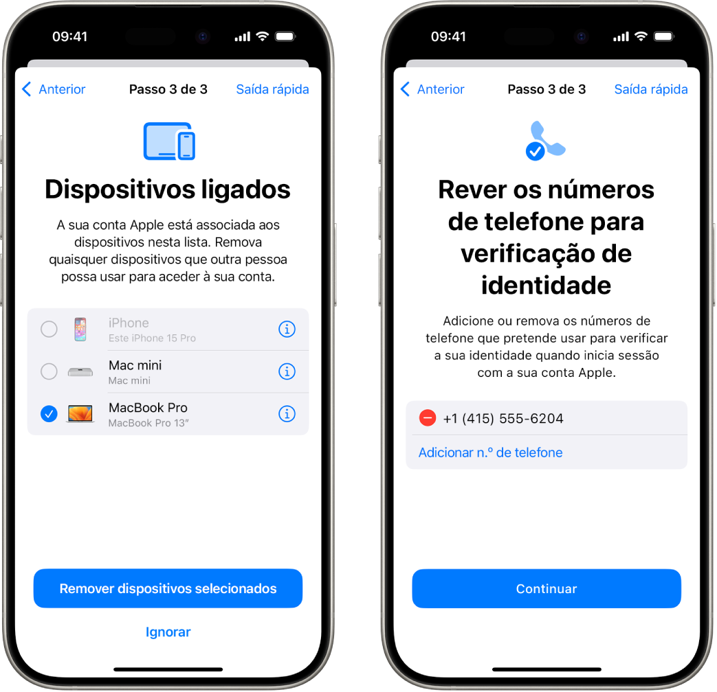 Dois ecrãs de iPhone mostram (1) um dispositivo selecionado para remover dos dispositivos fidedignos e (2) um ecrã para editar números de telefone fidedignos.