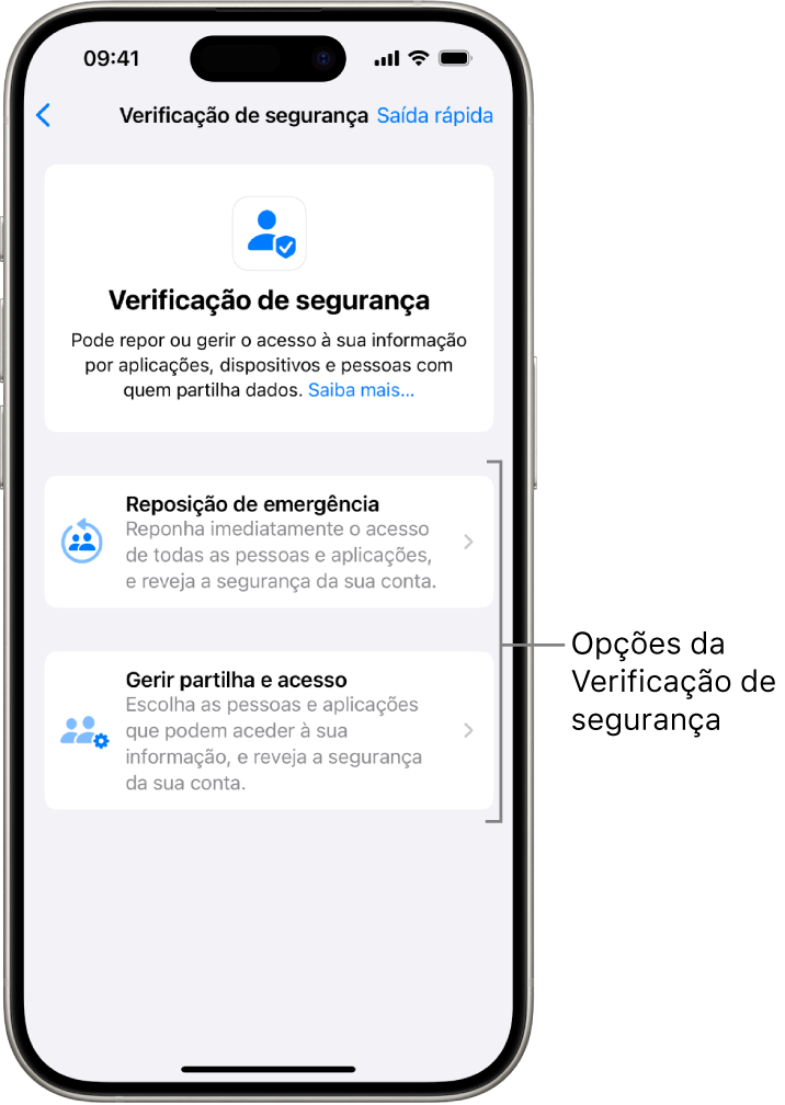 Um ecrã mostra as duas opções disponíveis na Verificação de segurança: “Reposição de emergência” e “Gerir partilha e acesso”.