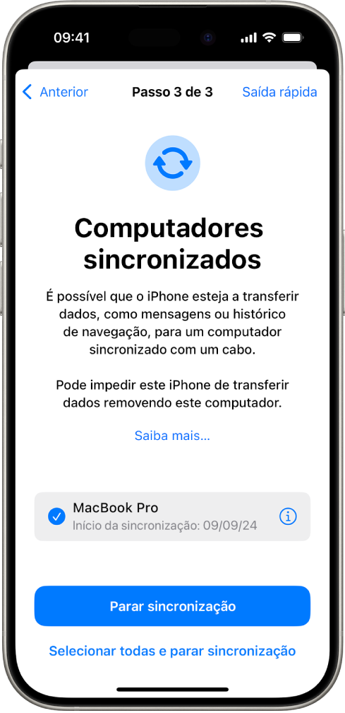 O ecrã de um iPhone a mostrar o ecrã Computadores sincronizados.