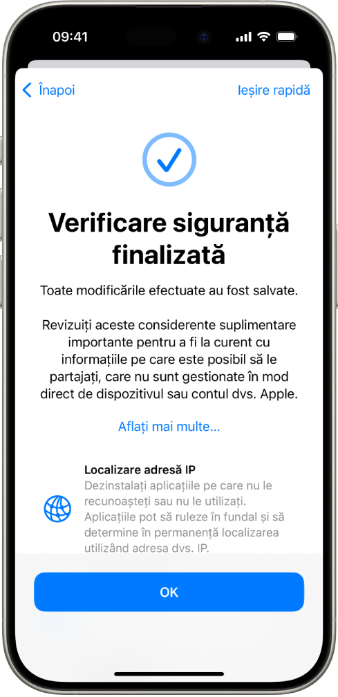 Un ecran Verificarea siguranței indicând că verificarea siguranței este finalizată.