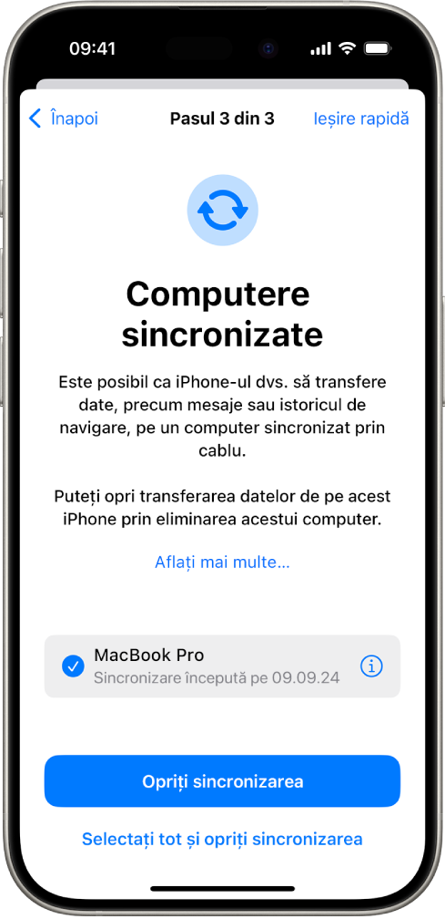 Un ecran de iPhone prezentând ecranul Computere sincronizate.