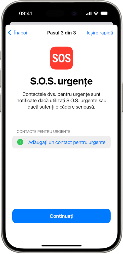 Un ecran de iPhone prezentând ecranul S.O.S. urgențe.