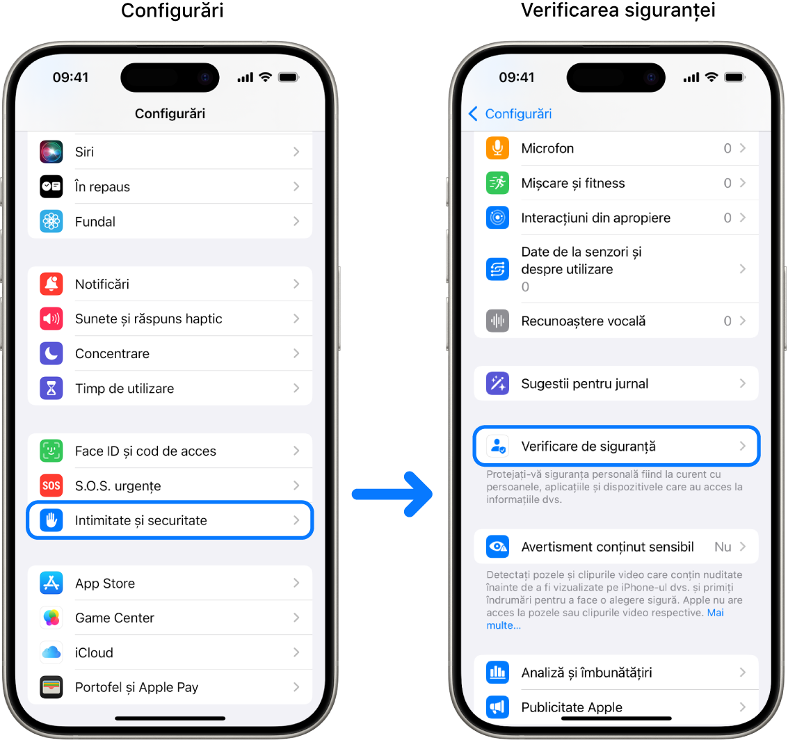 Modalitatea de a accesa Verificare siguranței din aplicația Configurări.