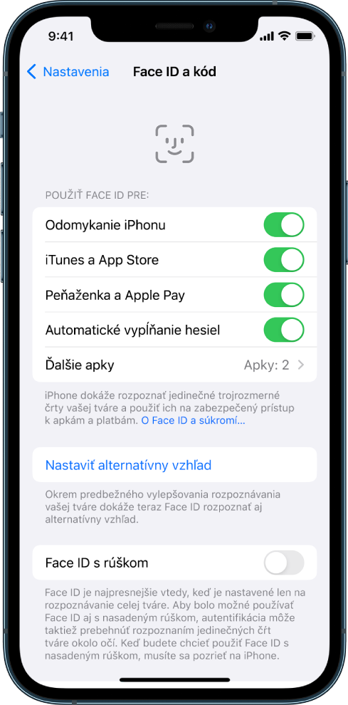 Obrazovka Face ID na iPhone s informáciami o tom, na čo sa dá Face ID použiť – napríklad na odomykanie iPhonu, na potvrdzovanie platieb v iTunes, App Store, Peňaženke a Apple Pay alebo na automatické vypĺňanie hesiel.