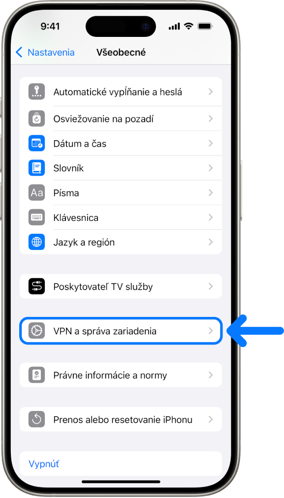 Obrazovka iPhonu s vybranou možnosťou VPN a správa zariadenia.