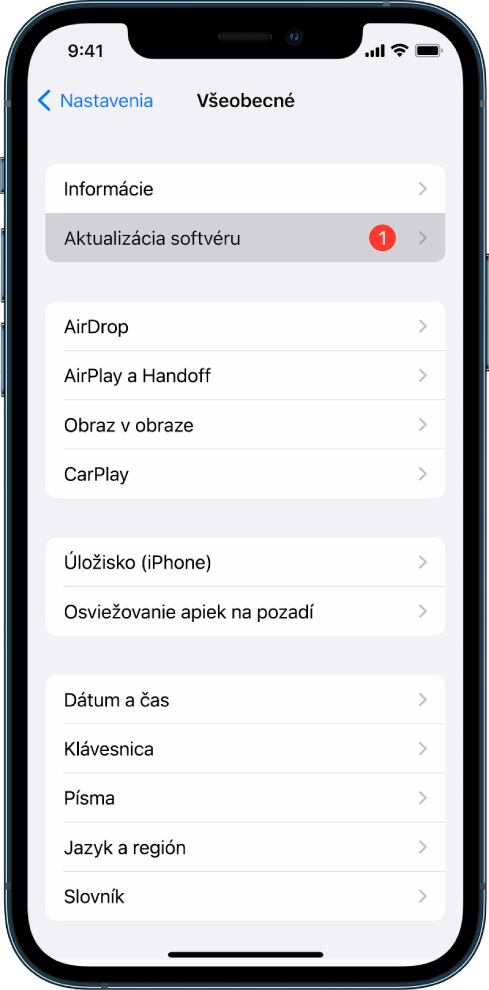 Obrazovka iPhonu s informáciou, že je dostupná aktualizácia softvéru.