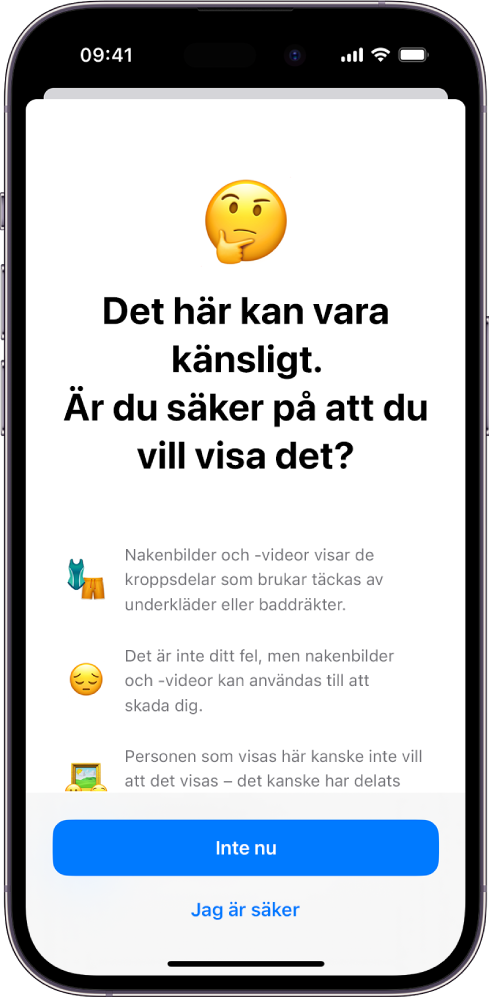 En iPhone som visar skärmen Varning för känsligt innehåll.