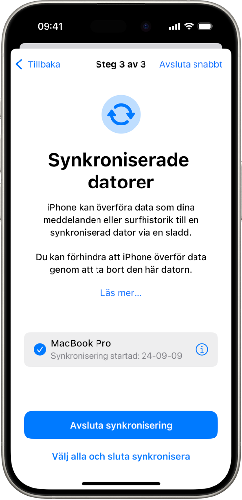 En iPhone som visar skärmen Synkroniserade datorer.