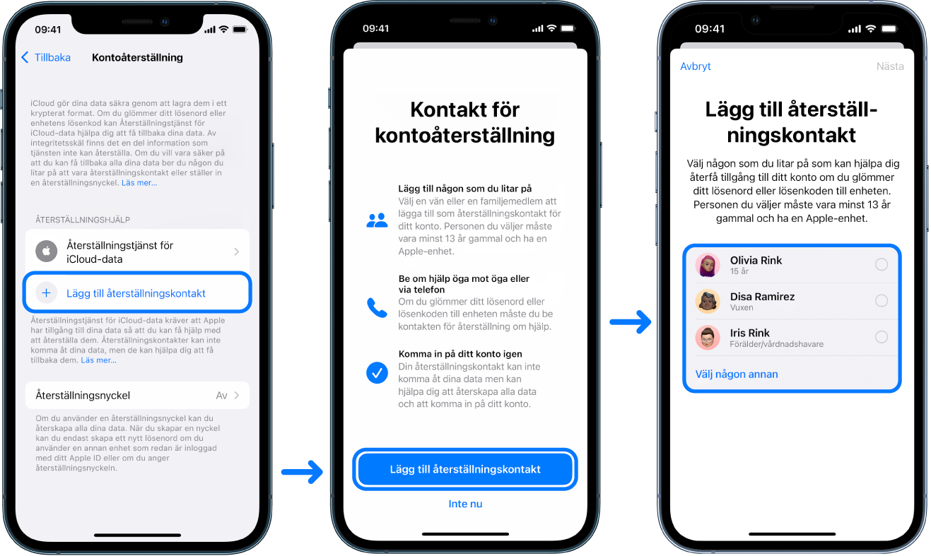 Tre iPhone-skärmar som visar hur du lägger till kontakter för kontoåterställning.