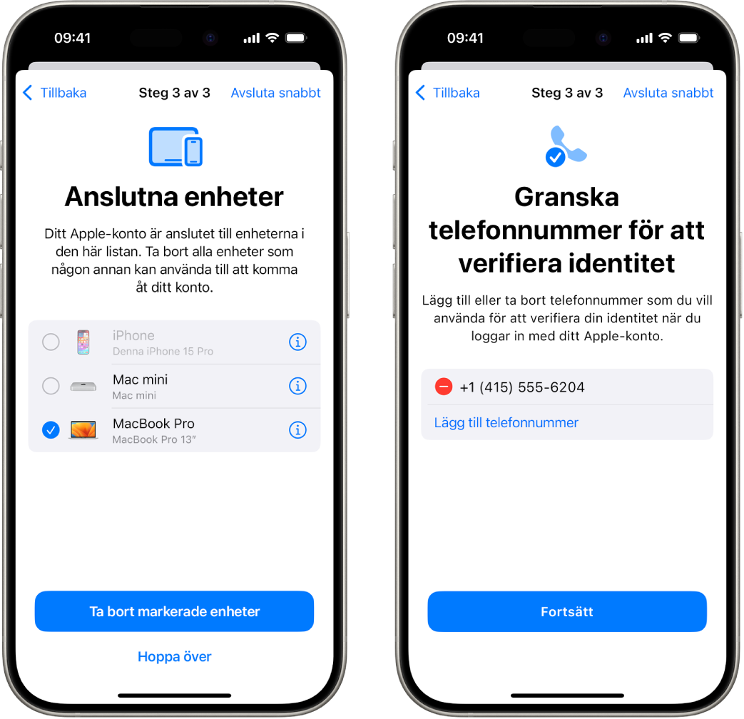 Två iPhone-skärmar som visar (1) en markerad enhet som ska tas bort från betrodda enheter, (2) en skärm där betrodda telefonnummer kan redigeras.