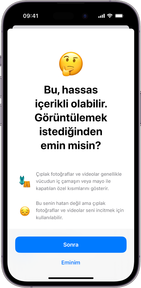 Hassas İçerik Uyarısı ekranını gösteren bir iPhone.