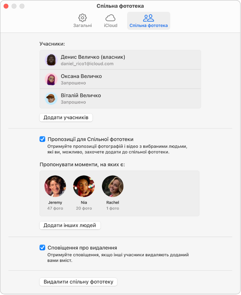 Панель «Спільна фототека» в параметрах Фотографій.
