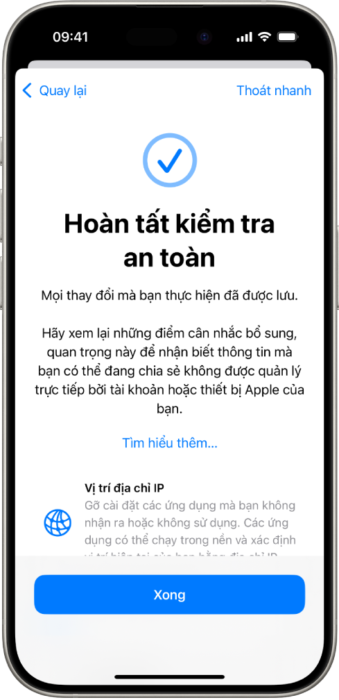 Một màn hình Kiểm tra an toàn đang cho biết rằng Kiểm tra an toàn hoàn tất.