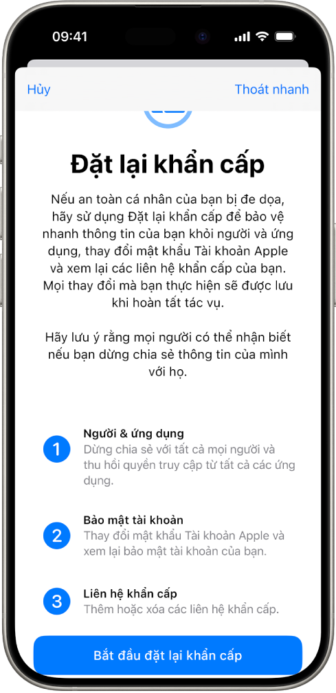 Một màn hình đang hiển thị nút để bắt đầu Đặt lại khẩn cấp.