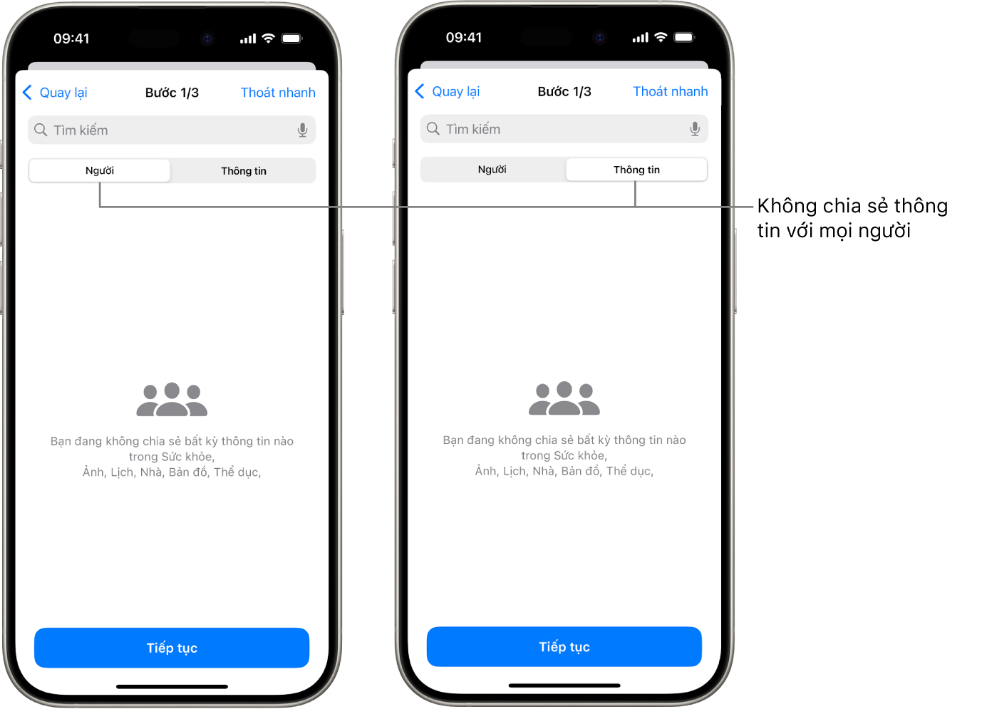 Một màn hình đang cho biết rằng người dùng đang không chia sẻ bất kỳ thông tin nào với người khác bằng cách chọn tab Người và Thông tin.