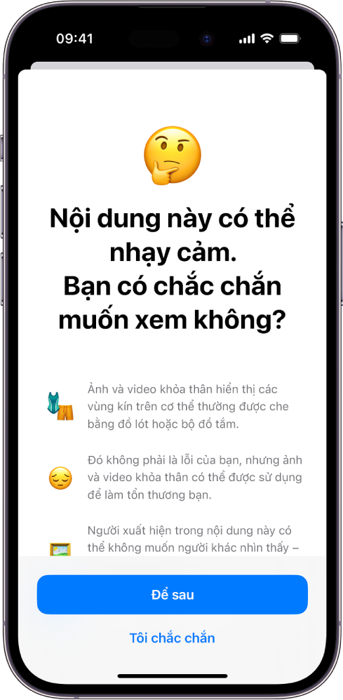 Một iPhone đang hiển thị màn hình Cảnh báo nội dung nhạy cảm.