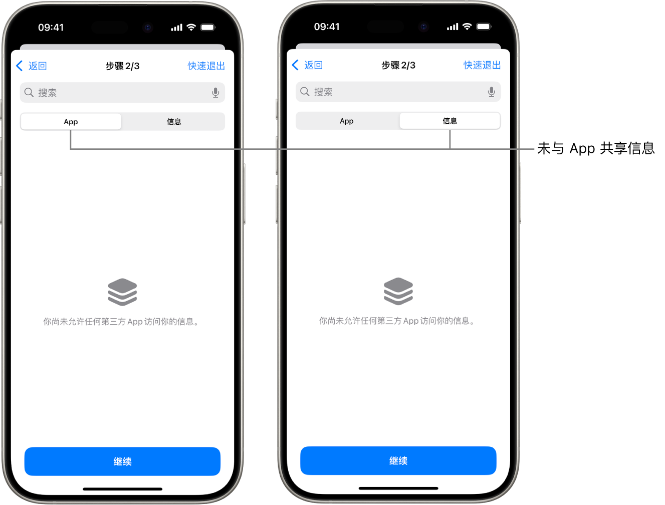 屏幕显示通过选择 App 和“信息”标签页，用户未与任何其他 App 共享任何信息。