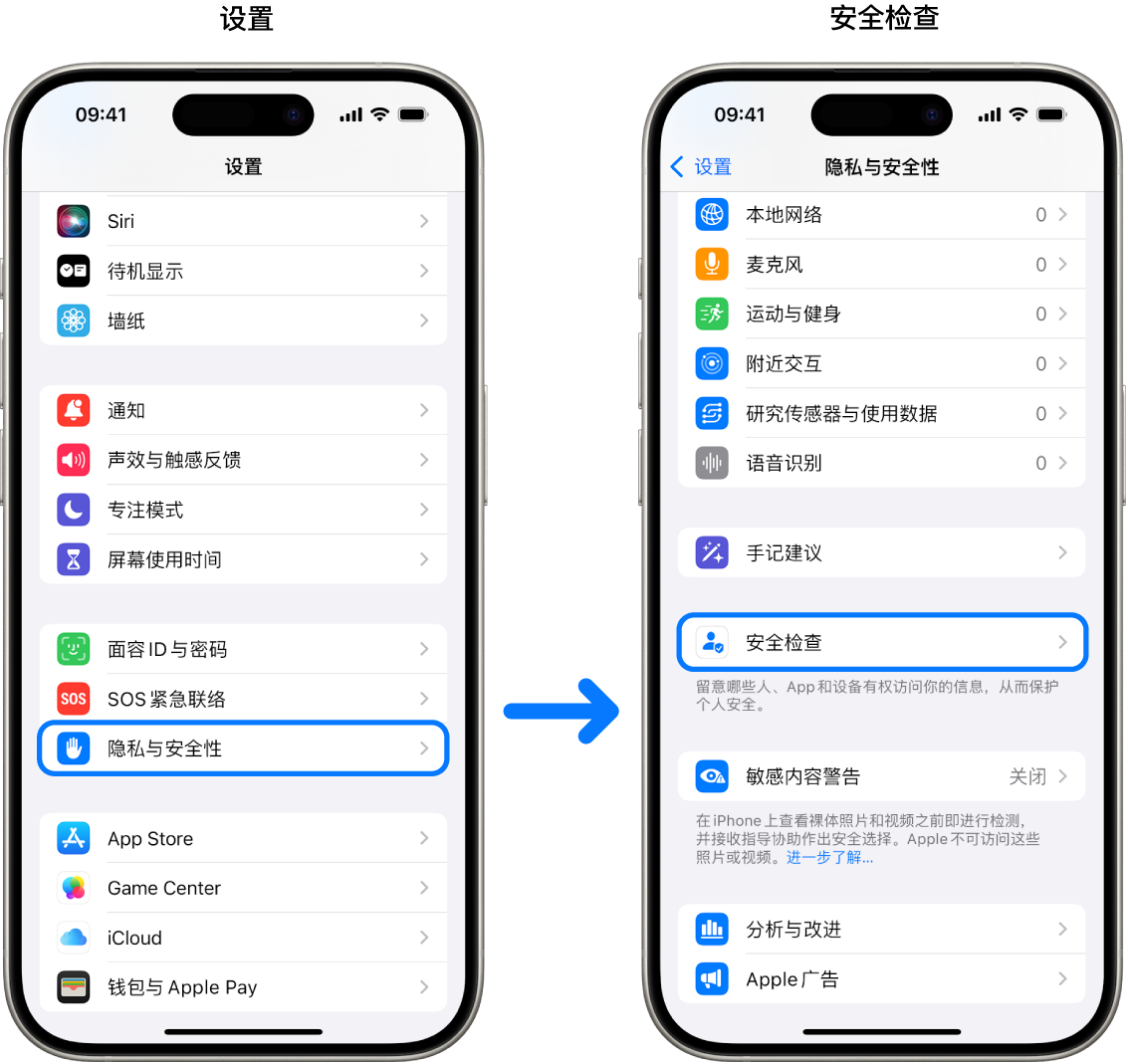 从“设置” App 访问“安全检查”的方式。