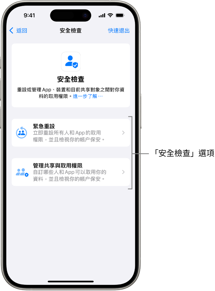 畫面顯示「安全檢查」提供的兩個選項：「緊急重設」和「管理共享與取用權限」。