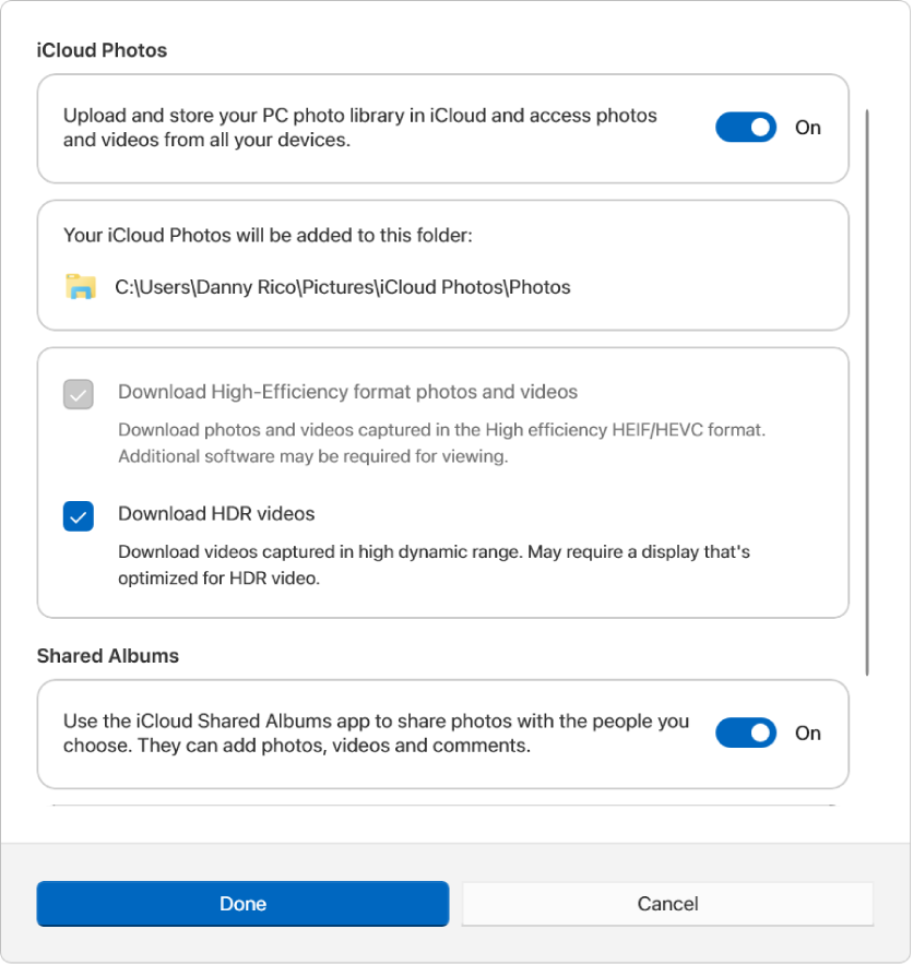 Opciones de Fotos en iCloud para Windows. Las funciones Fotos en iCloud y Álbumes compartidos están seleccionadas.