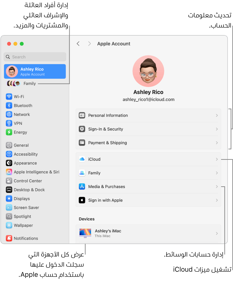 إعدادات حساب Apple في إعدادات النظام تحتوي على وسائل شرح لتحديث معلومات الحساب، وتشغيل ميزات iCloud أو إيقافها، وإدارة حسابات الوسائط، والعائلة، حيث يمكنك إدارة أفراد العائلة والإشراف العائلي والمشتريات والمزيد.