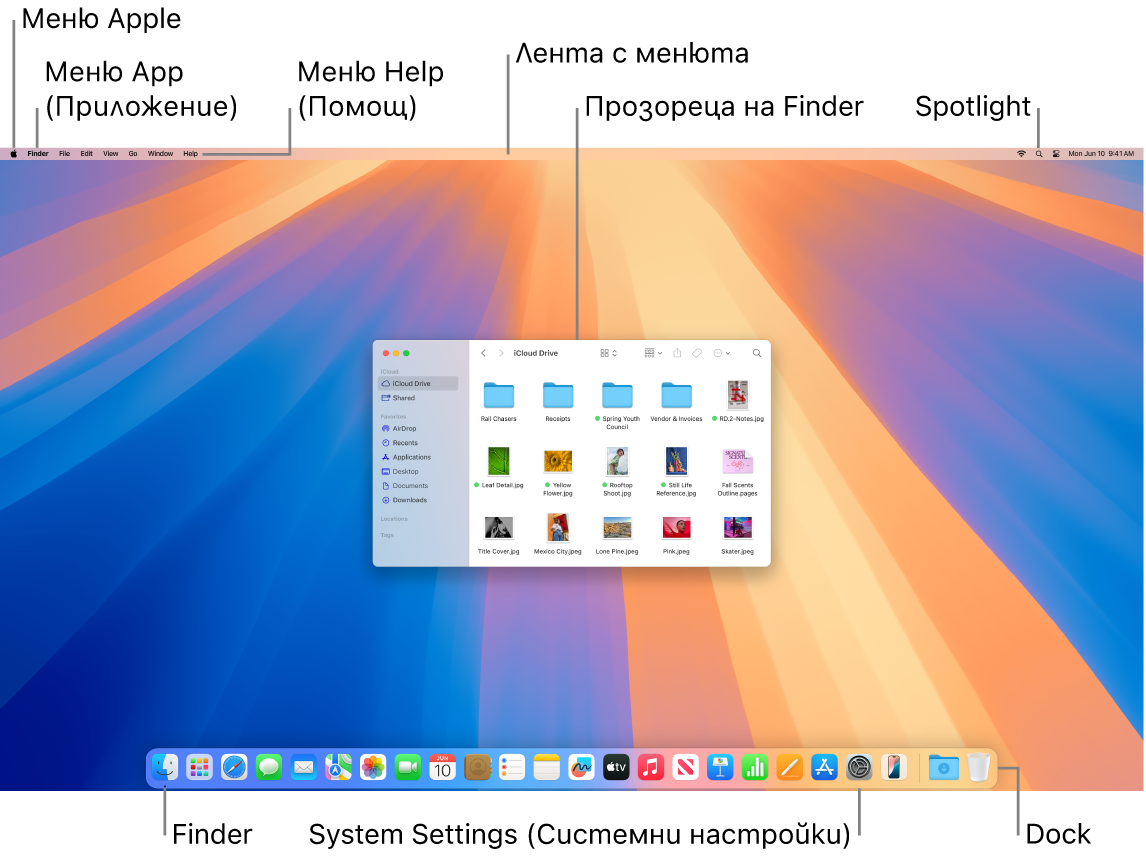 Екран на Mac, който показва меню Apple, менюто за приложения, менюто Help (Помощ), лентата с менюта, прозорец на Finder, иконката на Spotlight, иконката на Finder, иконката на System Settings (Системни насреойки) и лентата Dock.