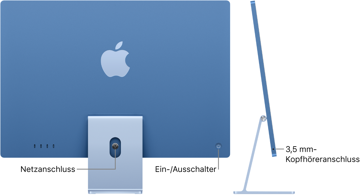 Rückansicht des iMac mit Netzanschluss und Ein-/Ausschalter. Daneben ist eine Seitenansicht mit dem Kopfhöreranschluss.