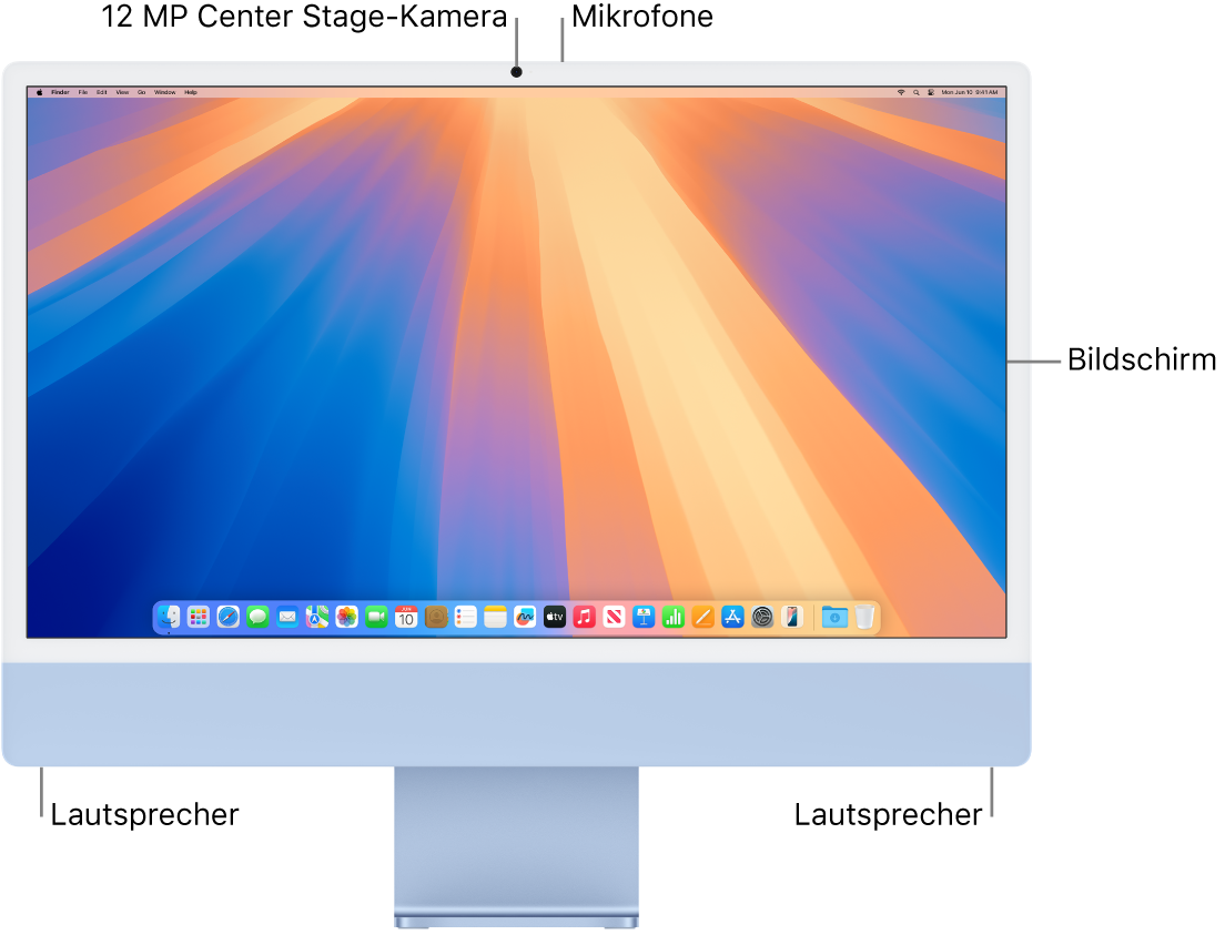 Vorderansicht des iMac mit Bildschirm, Kamera, Mikrofonen und Lautsprechern.