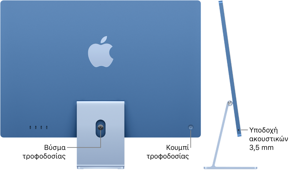 Πίσω όψη ενός iMac όπου φαίνονται η υποδοχή τροφοδοτικού και το κουμπί τροφοδοσίας. Δίπλα βρίσκεται μια πλευρική όψη που δείχνει την υποδοχή ακουστικών.