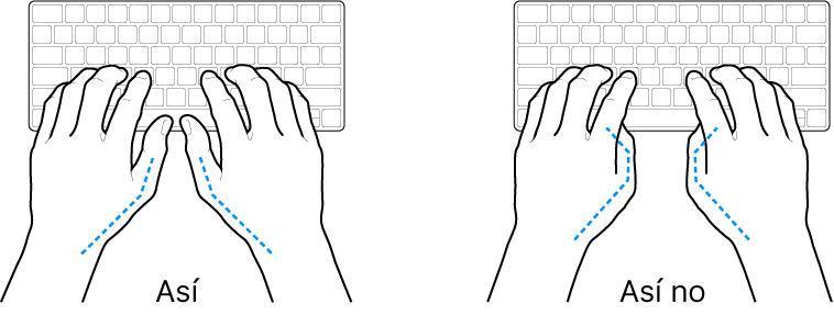 Manos posicionadas sobre un teclado, mostrando la alineación correcta e incorrecta de los pulgares.