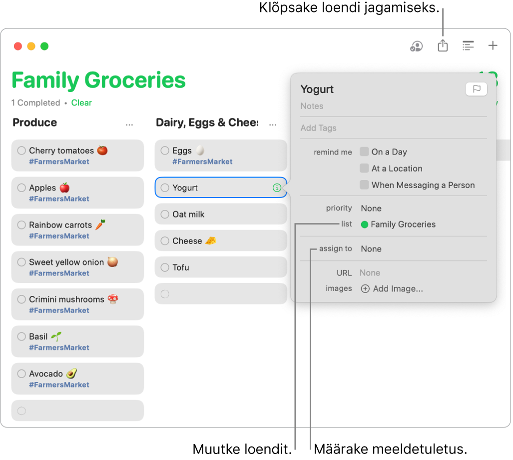 Maci rakenduse Reminders aknas kuvatakse jagatud Grocery-loendi meeldetuletuse üksikasju.