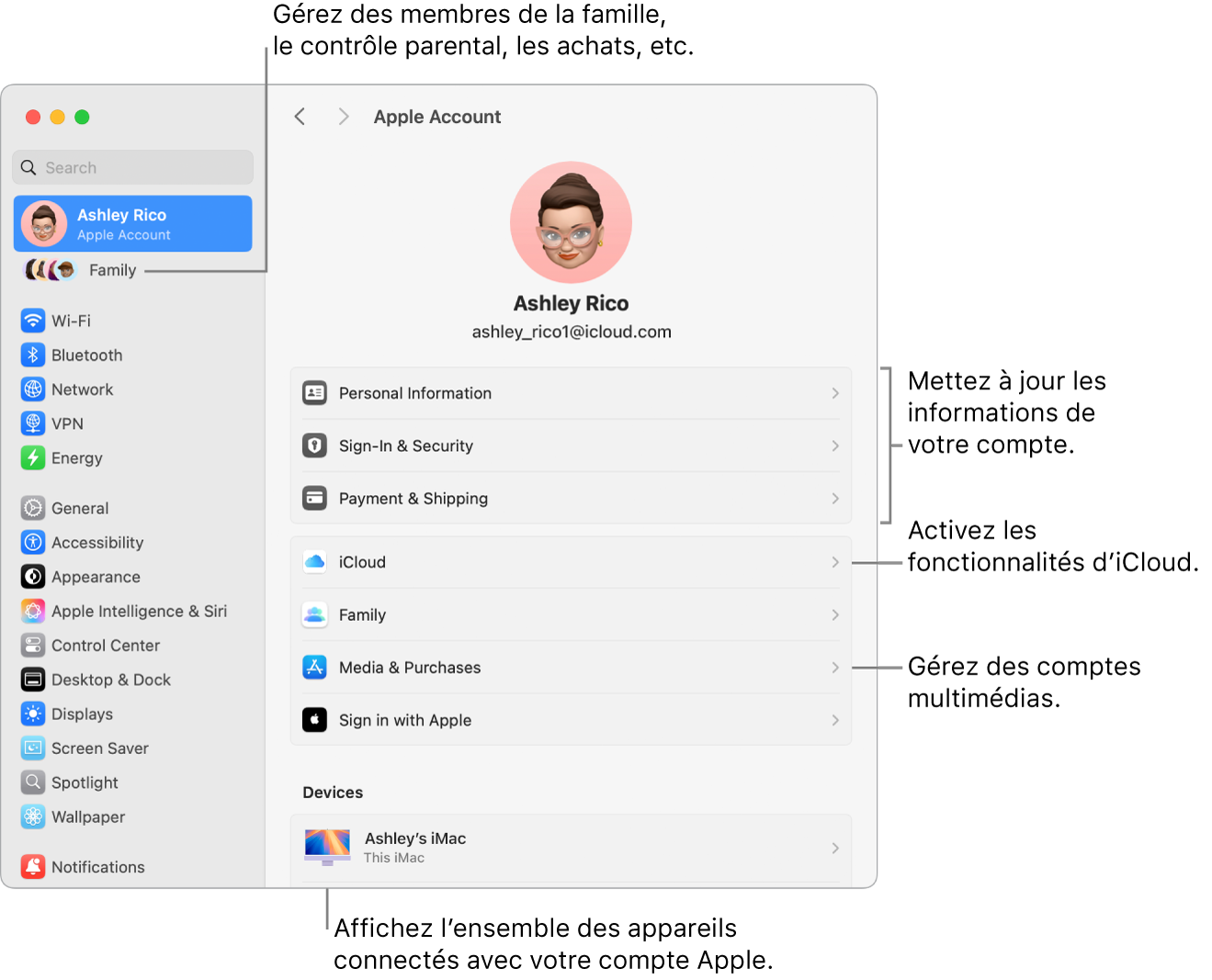 Réglages du compte Apple dans « Réglages Système » avec des légendes pour la mise à jour des informations du compte, l’activation ou la désactivation des fonctionnalités iCloud, la gestion des comptes multimédias, et Famille, où vous pouvez gérer les membres de votre famille, le contrôle parental, les achats, et plus encore.