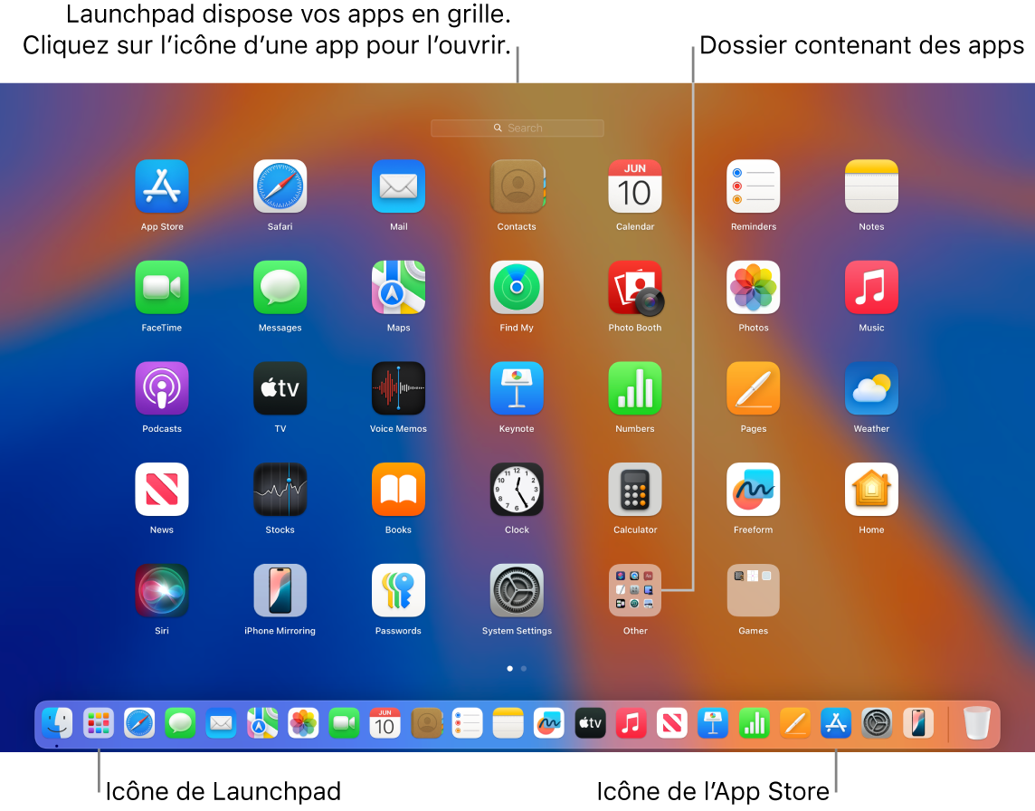 L’écran du Mac avec Launchpad ouvert, affichant un dossier d’apps dans Launchpad, et les icônes Launchpad et App Store dans le Dock.