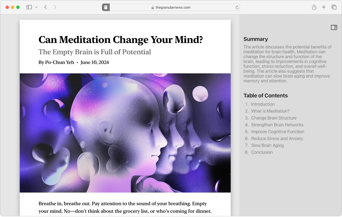 Fenêtre de l’app Safari montrant le lecteur Safari mis à jour. À droite de l’article se trouvent la table des matières générée par le lecteur et un résumé de l’article.