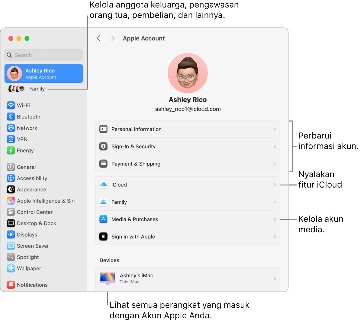 Pengaturan Akun Apple di Pengaturan Sistem dengan keterangan untuk memperbarui informasi akun, menyalakan atau mematikan fitur iCloud, mengelola akun media, dan Keluarga, tempat Anda dapat mengelola anggota keluarga, pengawasan orang tua, pembelian, dan lainnya.