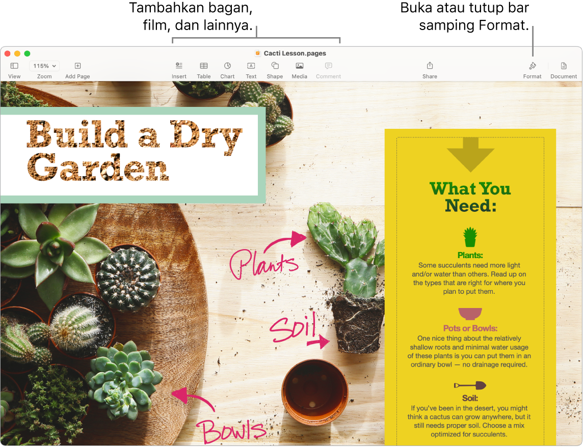 Jendela Pages menampilkan dokumen yang dibuat dari template. Terdapat keterangan untuk menambahkan bagan, film, dan lainnya di bar alat, serta keterangan untuk Membuka atau menutup bar samping Format.