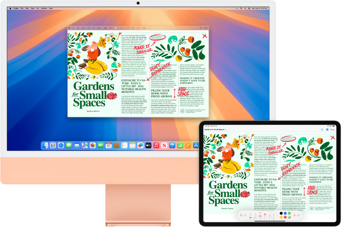 iMac dan iPad berdampingan. Kedua layar menampilkan artikel yang penuh dengan pengeditan berwarna merah yang ditulis tangan, seperti kalimat yang dicoret, panah, dan tambahan kata. iPad juga memiliki kontrol markah di bagian bawah layar.