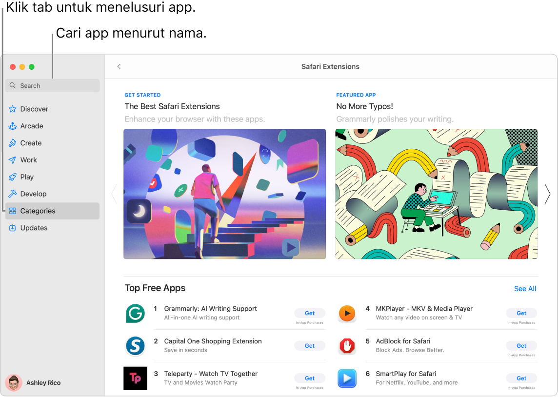 Jendela App Store menampilkan bidang pencarian dan halaman Ekstensi Safari.