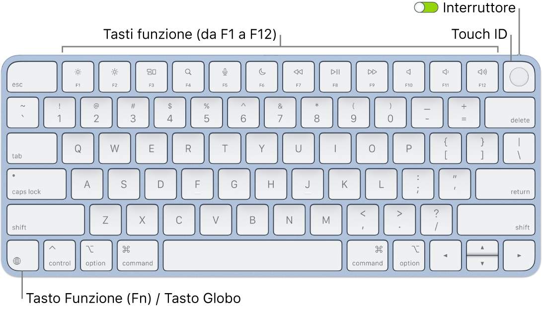 La tastiera Magic Keyboard con Touch ID che mostra i tasti funzione e Touch ID in alto e il tasto Funzione (Fn)/Globo nell'angolo in basso a sinistra.