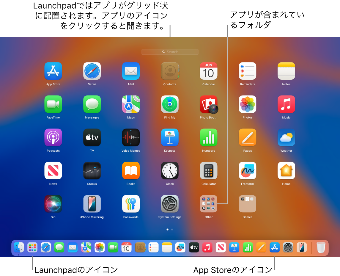 Macの画面。DockにはLaunchpadアイコンがあり、開いたLaunchpadウインドウではグリッドに配置されたさまざまなアプリが表示されています。