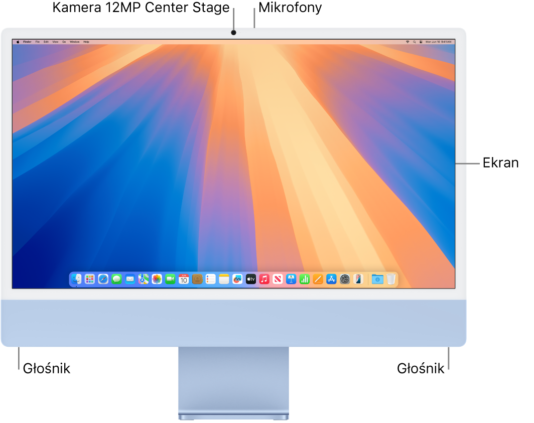 iMac widziany z przodu. Widoczny jest ekran, kamera, mikrofony oraz głośniki.