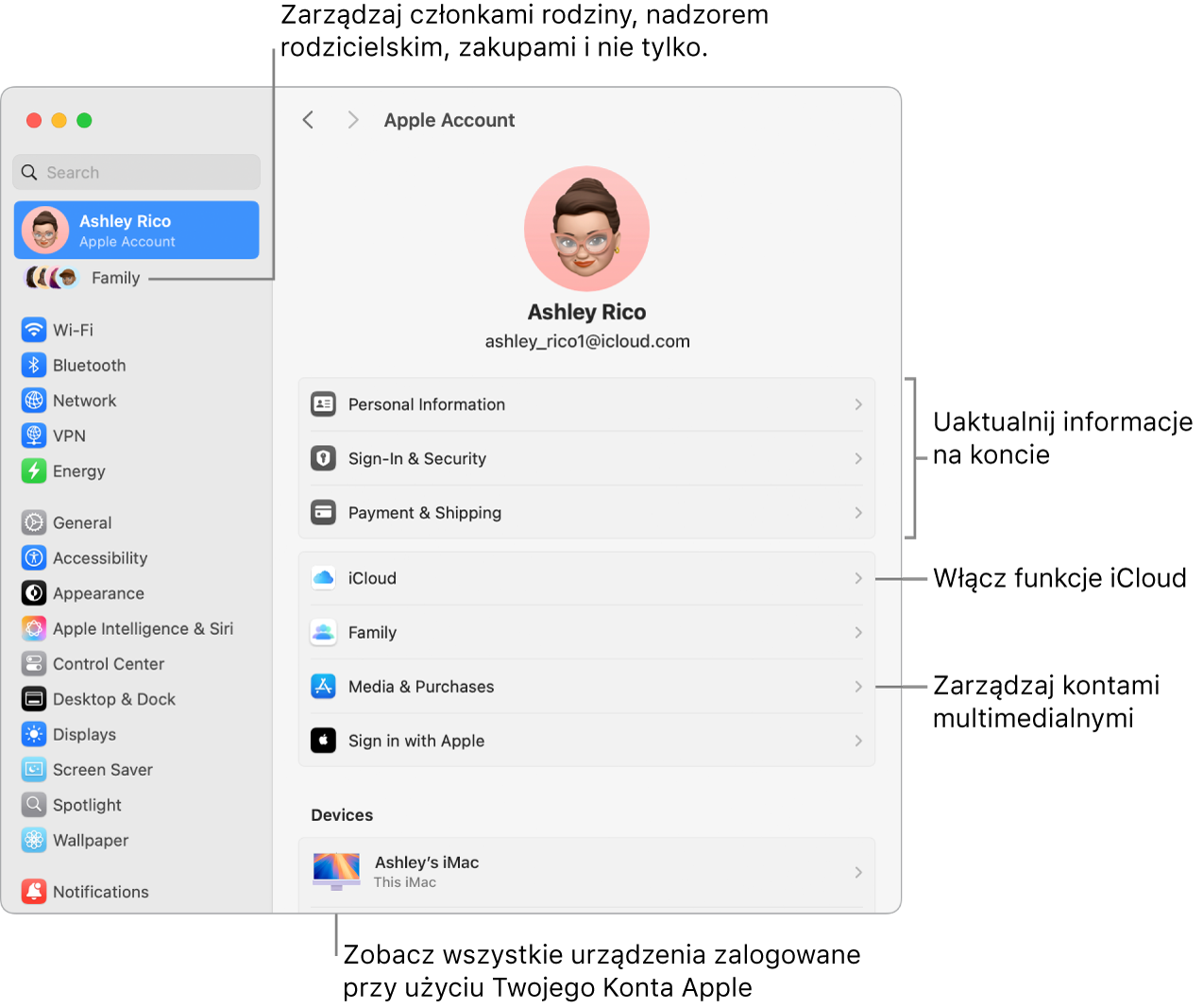 Ustawienia konta Apple w Ustawieniach systemowych z dymkami pomocy o uaktualnieniu danych konta, włączaniu lub wyłączaniu funkcji iCloud, zarządzaniu kontami multimedialnymi, oraz chmurą rodzinną, gdzie możesz zarządzać ustawieniami członków rodziny, nadzorem rodzicielskim, zakupami i nie tylko.