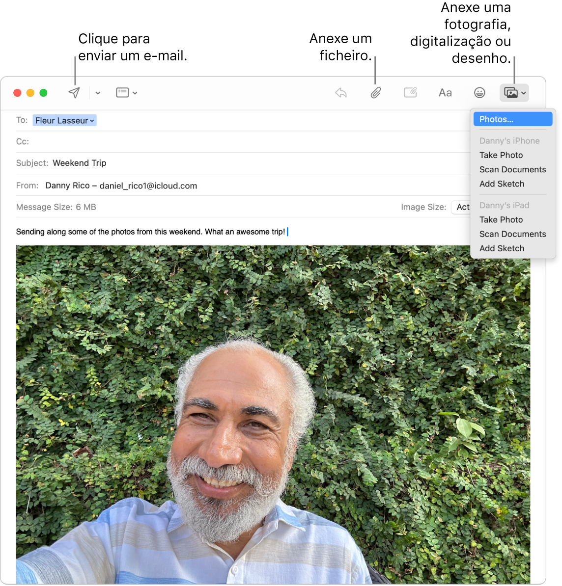 Uma janela da aplicação Mail a mostrar uma nova mensagem a ser escrita. O menu pop‑up mostra opções para anexar fotografias ou tirar uma fotografia, digitalizar um documento ou adicionar um desenho do iPhone ou iPad de Diogo.